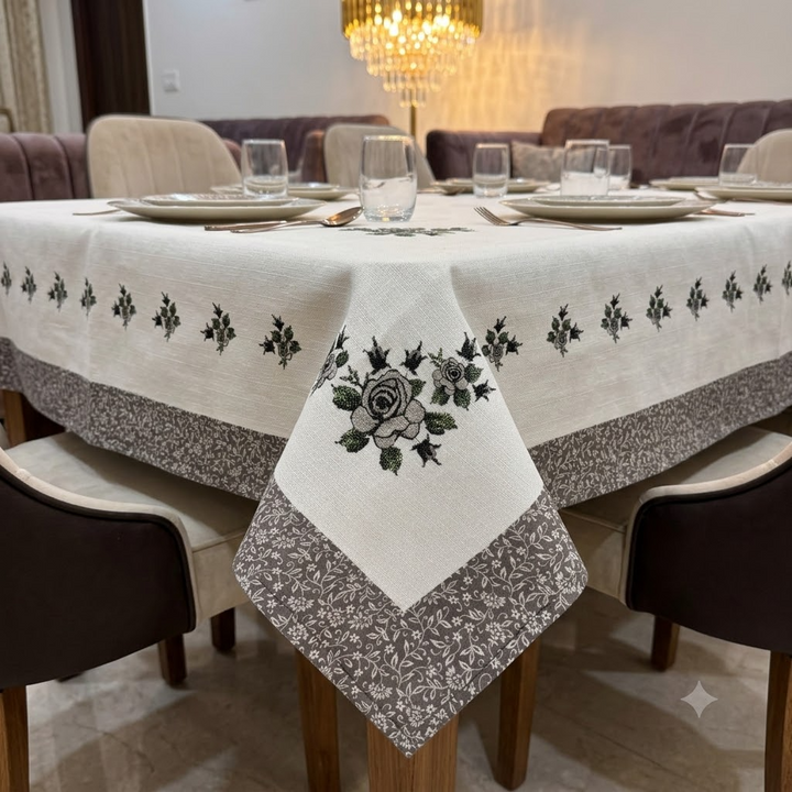 Phoolbahar Table Cover White &amp; Grey