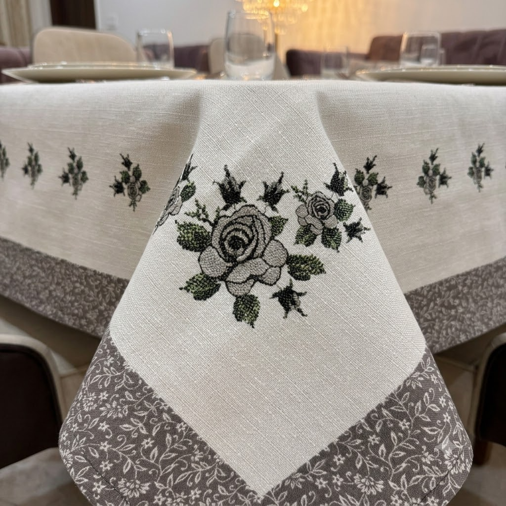 Phoolbahar Table Cover White &amp; Grey