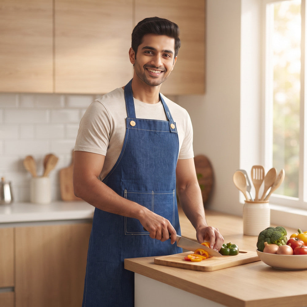 Grisha denim kitchen apron worn by a model while cooking