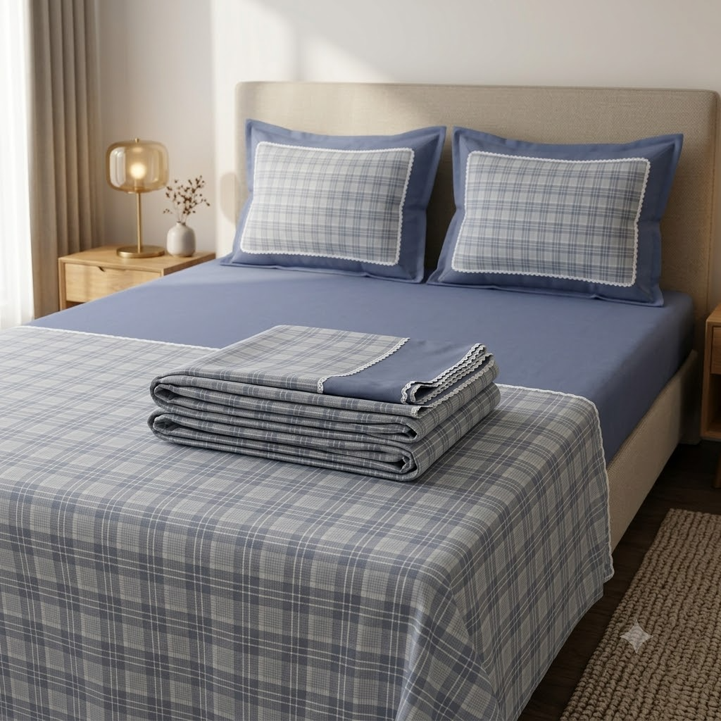 Grace &amp; Lace Check Bedsheet Blue