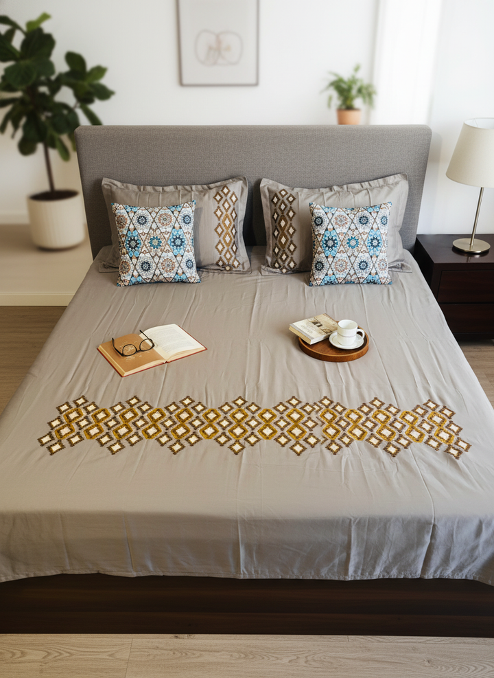 Heritage Diamond Weave 100% Cotton King Size Embroidered Bedsheet, 400 TC