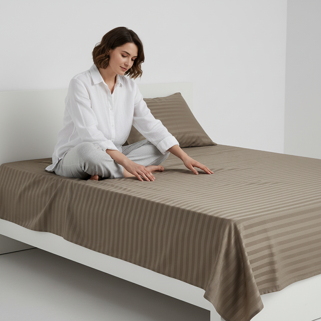 Self-Stripe Jacquard Pure Cotton King Size Bedsheet- 250 TC Brown