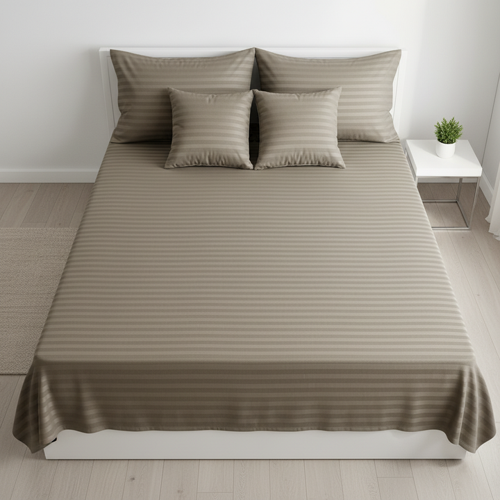 Self-Stripe Jacquard Pure Cotton King Size Bedsheet- 250 TC Brown