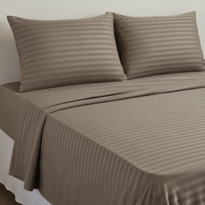 Self-Stripe Jacquard Pure Cotton King Size Bedsheet- 250 TC Brown