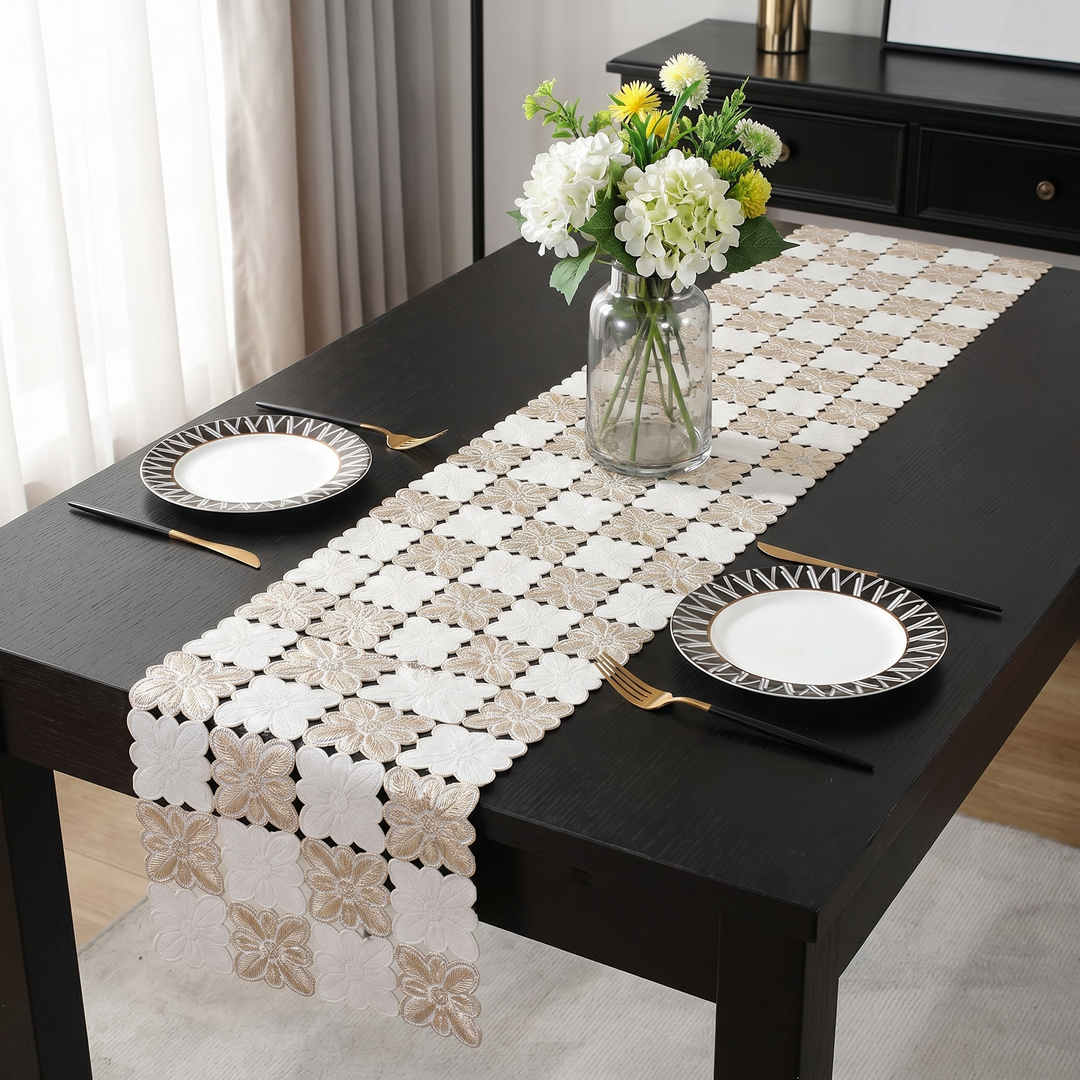 Luxury Floral PVC Table Runner | Premium Cut out Design | 16 x 72 Inches - Gold & White