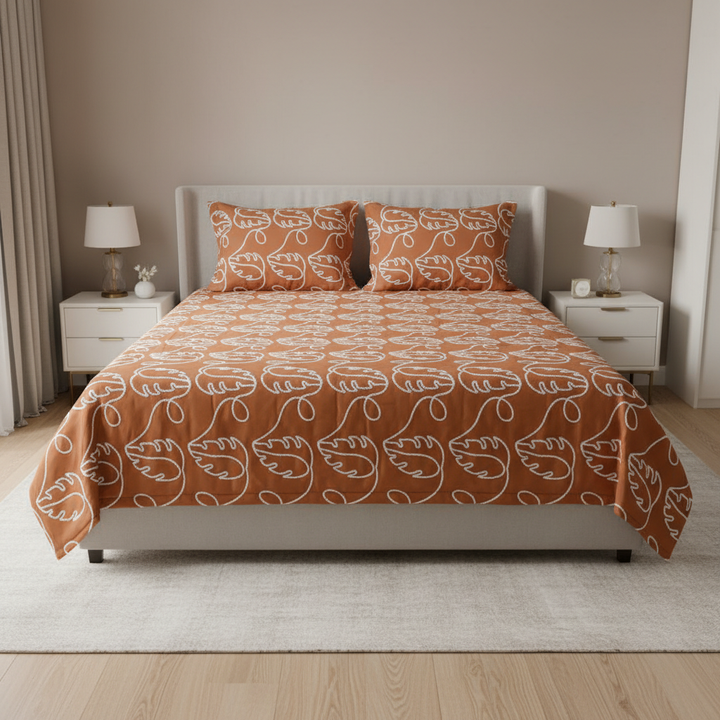 Terra Leaf Pure Cotton King Size Bedcover, Rust Brown