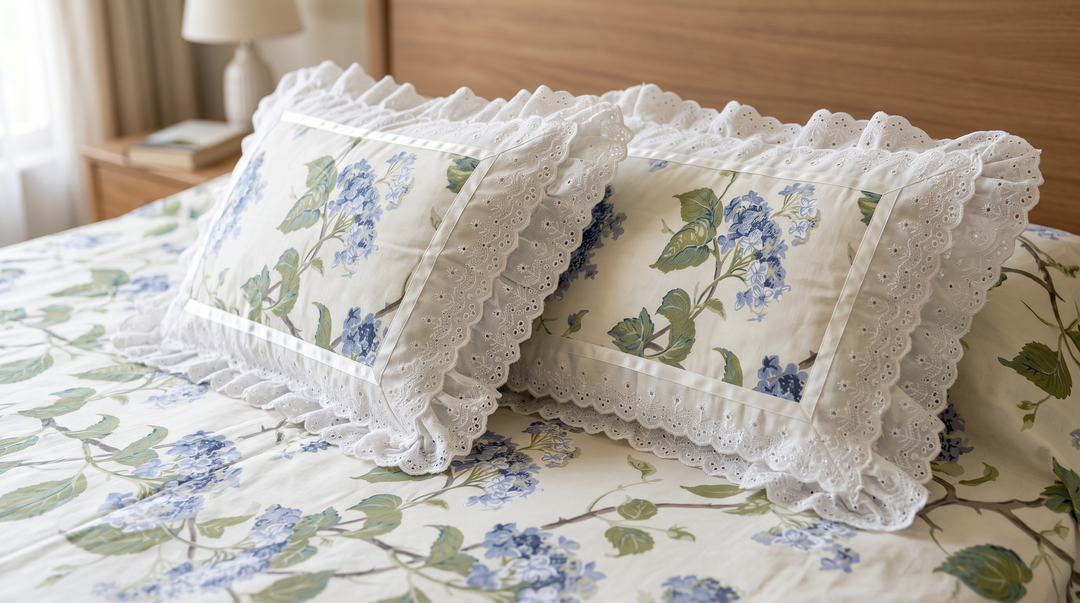 Anokhi Floral Cotton King Size Bedsheet Set with Cotton Lace Pillow Covers, 250 TC White and Green