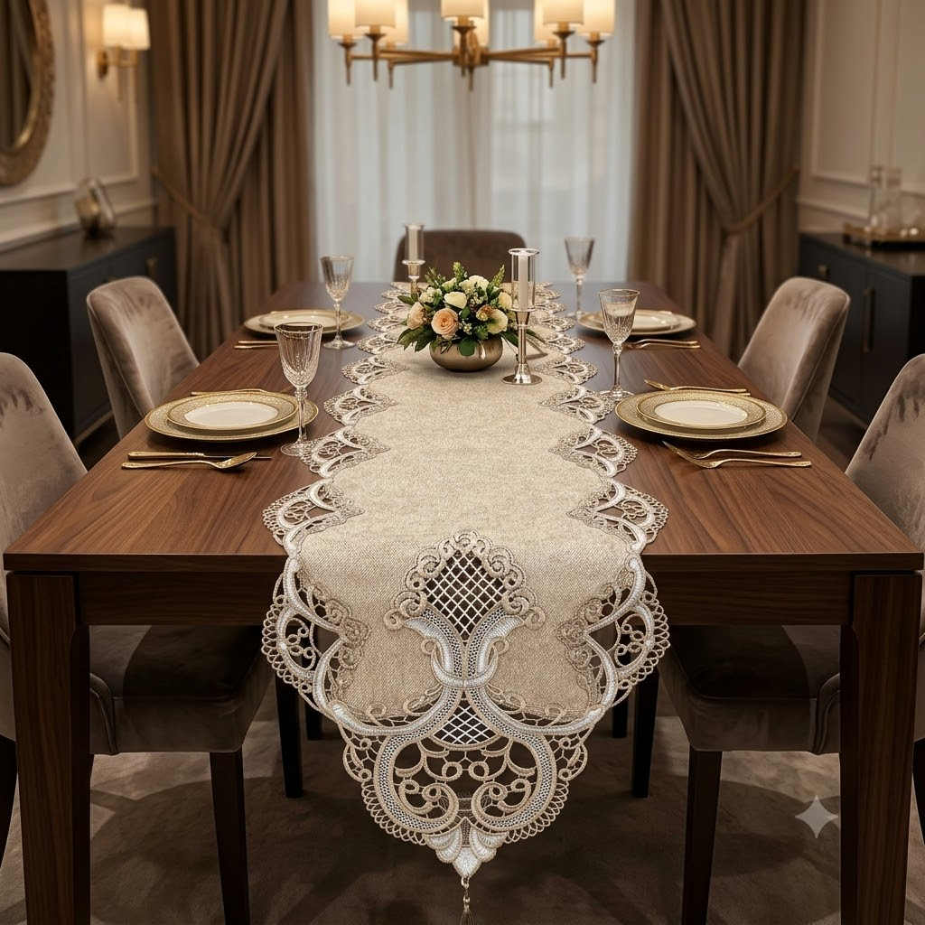 Imperial Lace Embroidered Table Runner Golden Brown