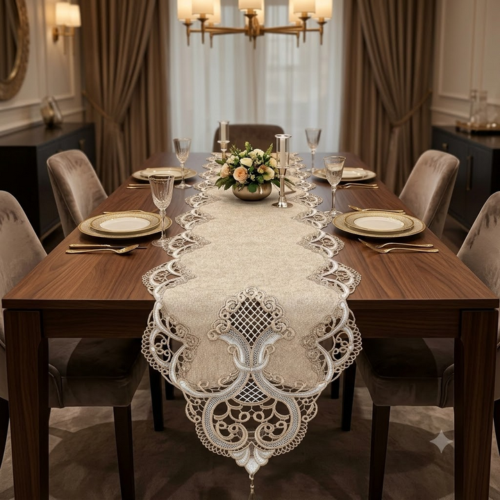 Imperial Lace Embroidered Table Runner Golden Brown