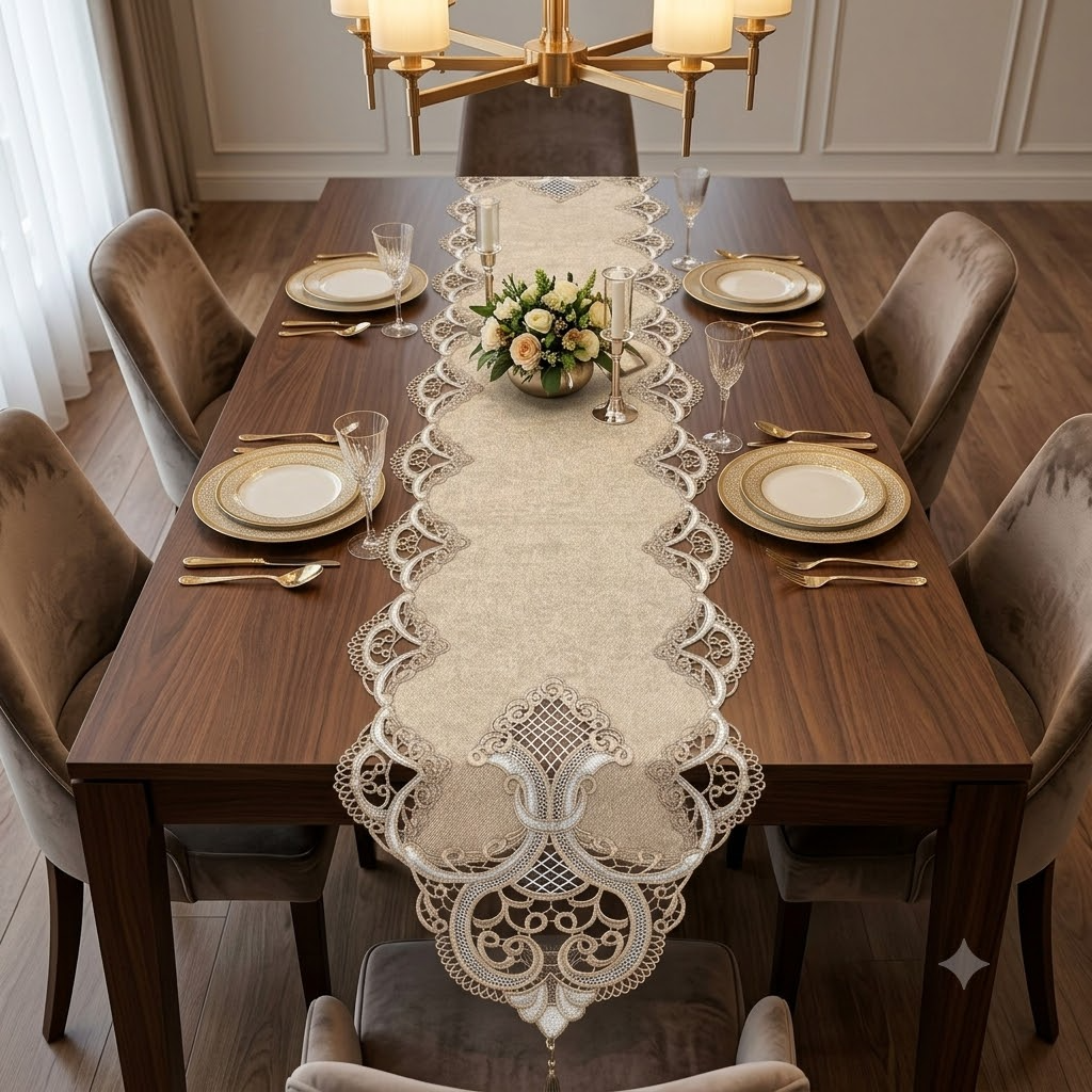 Imperial Lace Embroidered Table Runner Golden Brown