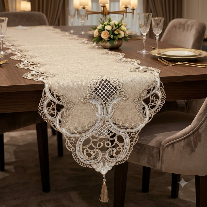 Imperial Lace Embroidered Table Runner Golden Brown