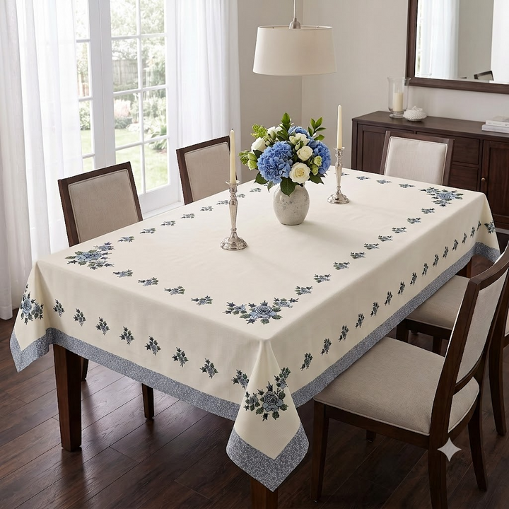 Phoolbahar Cotton Table Cover White &amp; Blue