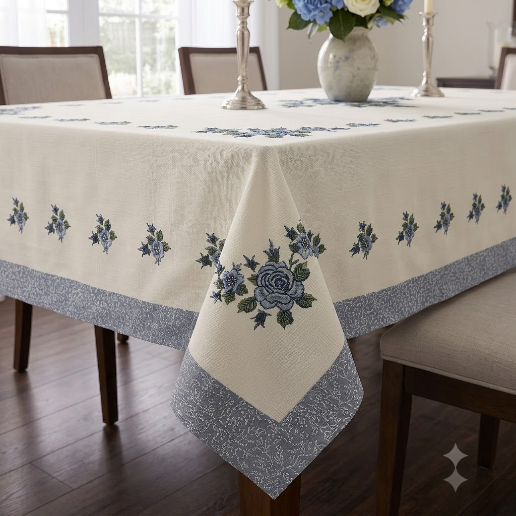 Phoolbahar Cotton Table Cover White &amp; Blue