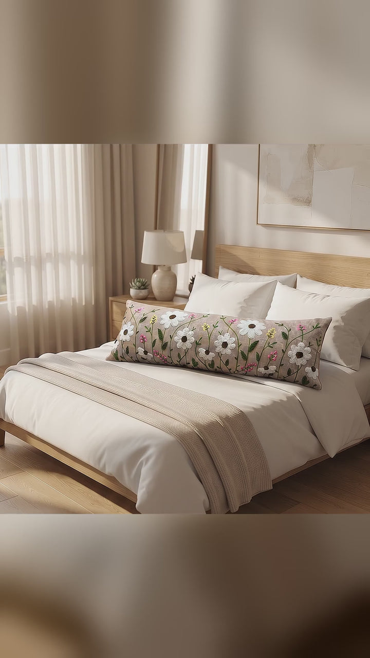 Beige embroidered bolster pillow – video