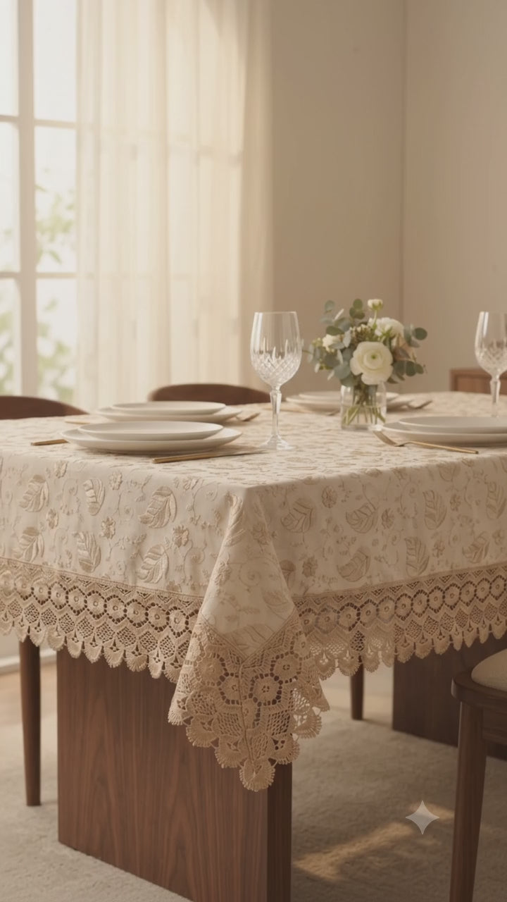 Premium Cotton Paan leaf Linen Table Cover with Lace Border – 60x90 Inches Light Ivory