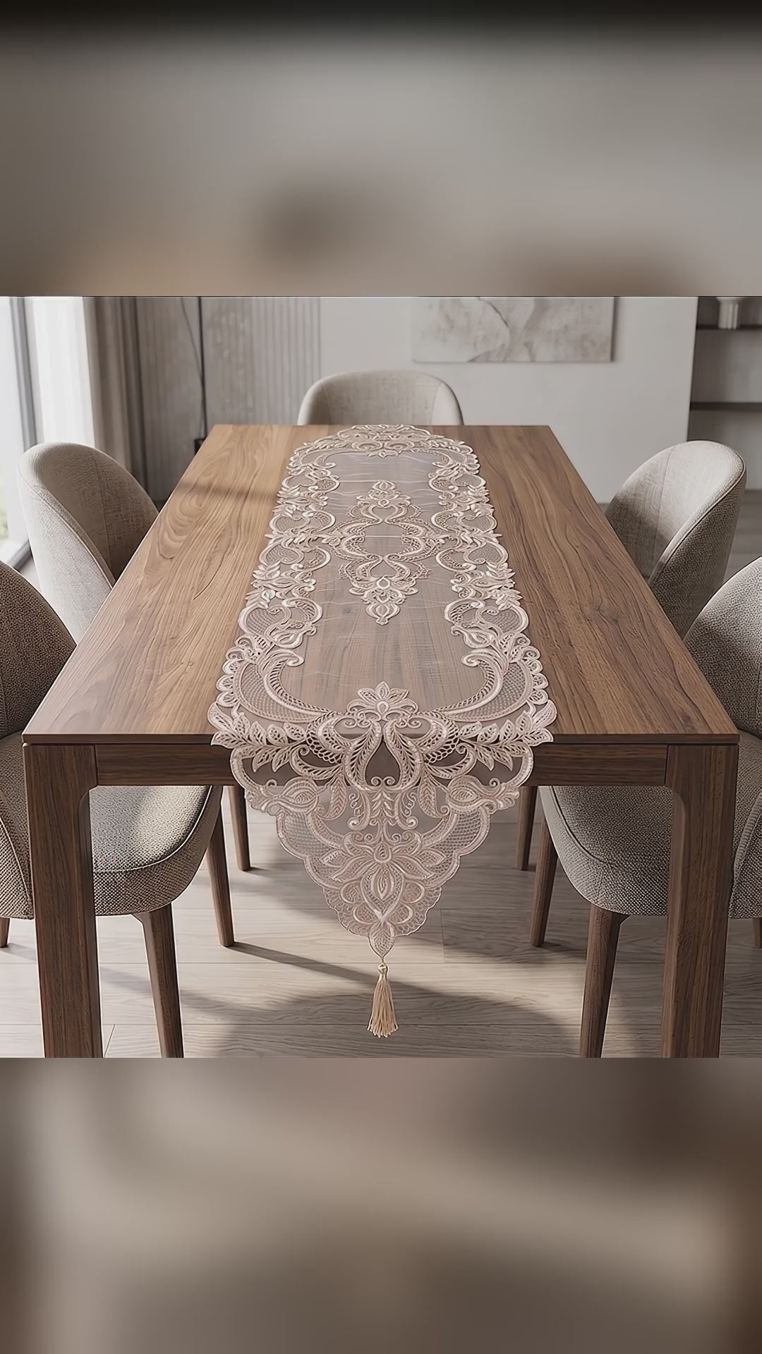 Premium Baroque Embroidery Net Dinning Table Runner, 16 × 72 inch - Beige with Subtle Golden Shimmer