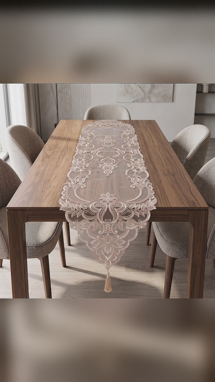 Premium Baroque Embroidery Net Dinning Table Runner, 16 × 72 inch - Beige with Subtle Golden Shimmer
