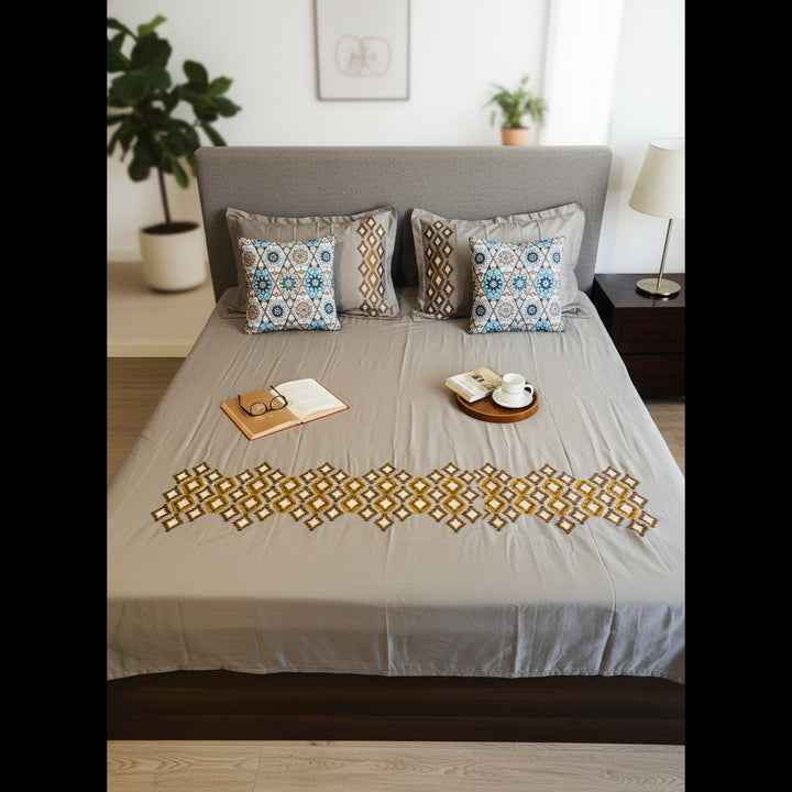 Heritage Diamond Weave 100% Cotton King Size Embroidered Bedsheet, 400 TC