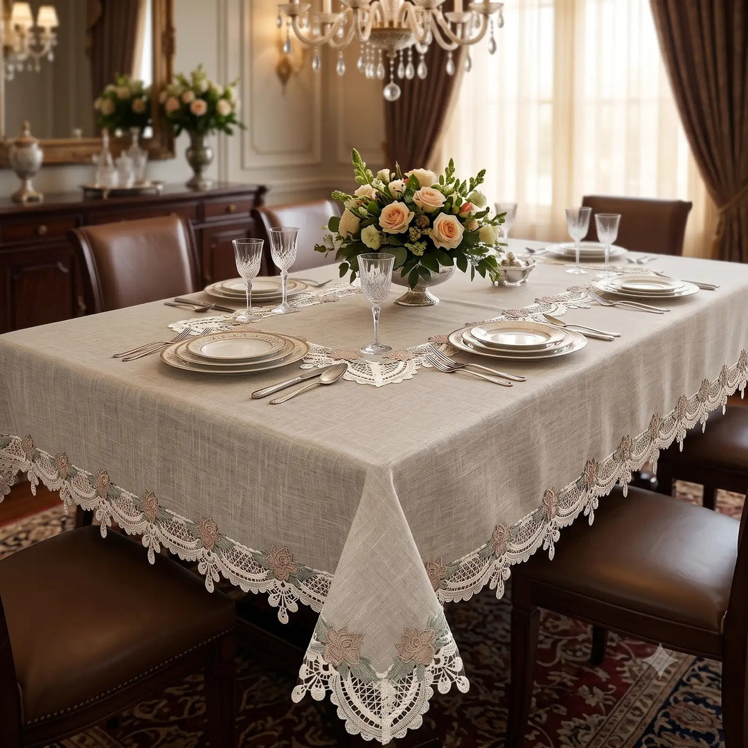 Floral Rose Lace Linen Cotton Table Cover