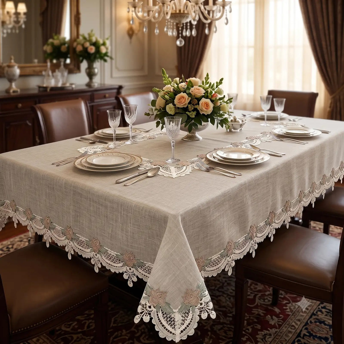 Floral Rose Lace Linen Cotton Table Cover