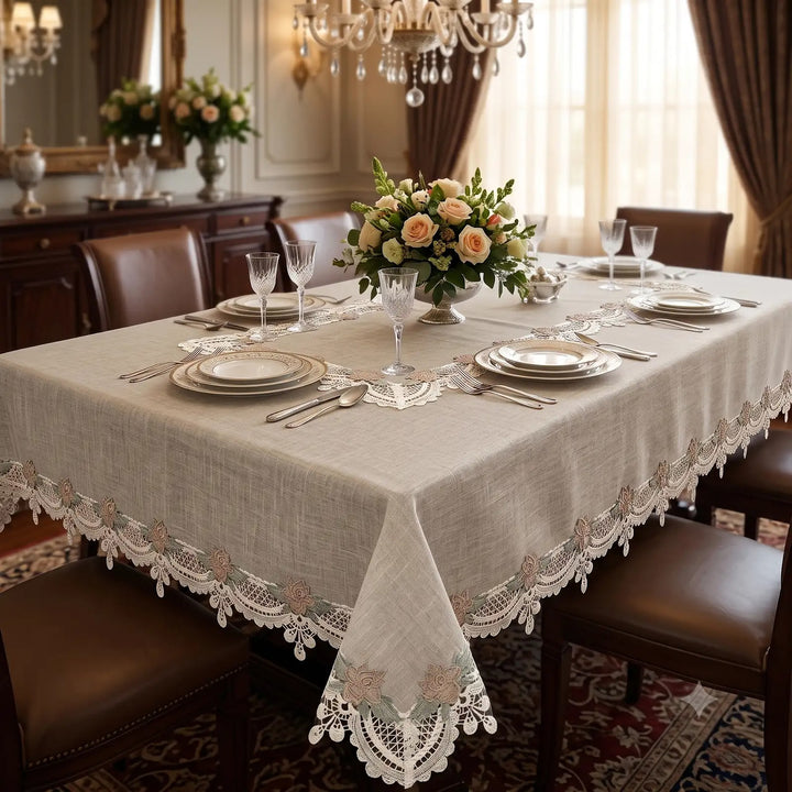 Floral Rose Lace Linen Cotton Table Cover