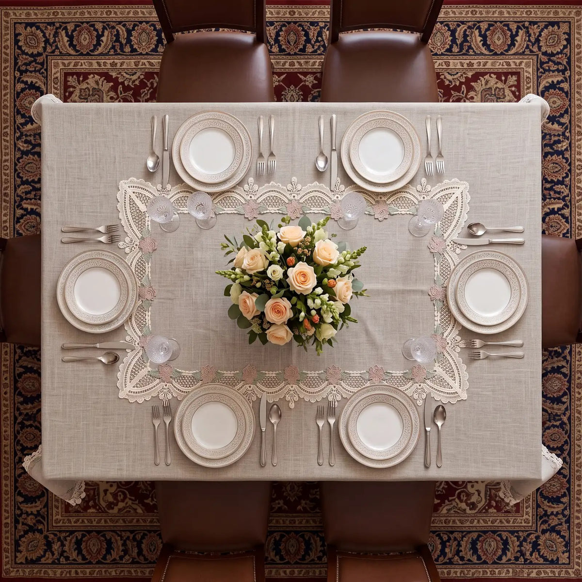 Floral Rose Lace Linen Cotton Table Cover