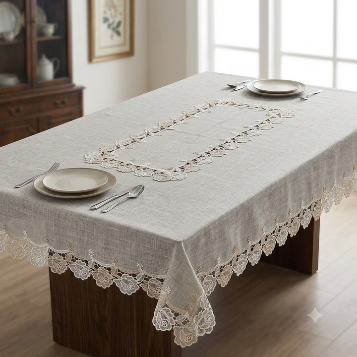 Rose Lace Linen Cotton Table Cover Golden