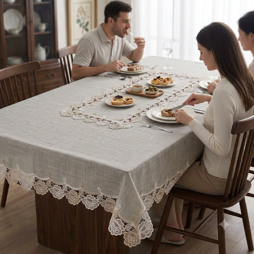 Rose Lace Linen Cotton Table Cover Golden