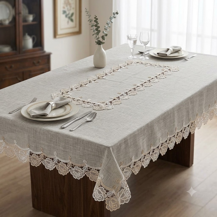 Rose Lace Linen Cotton Table Cover Golden