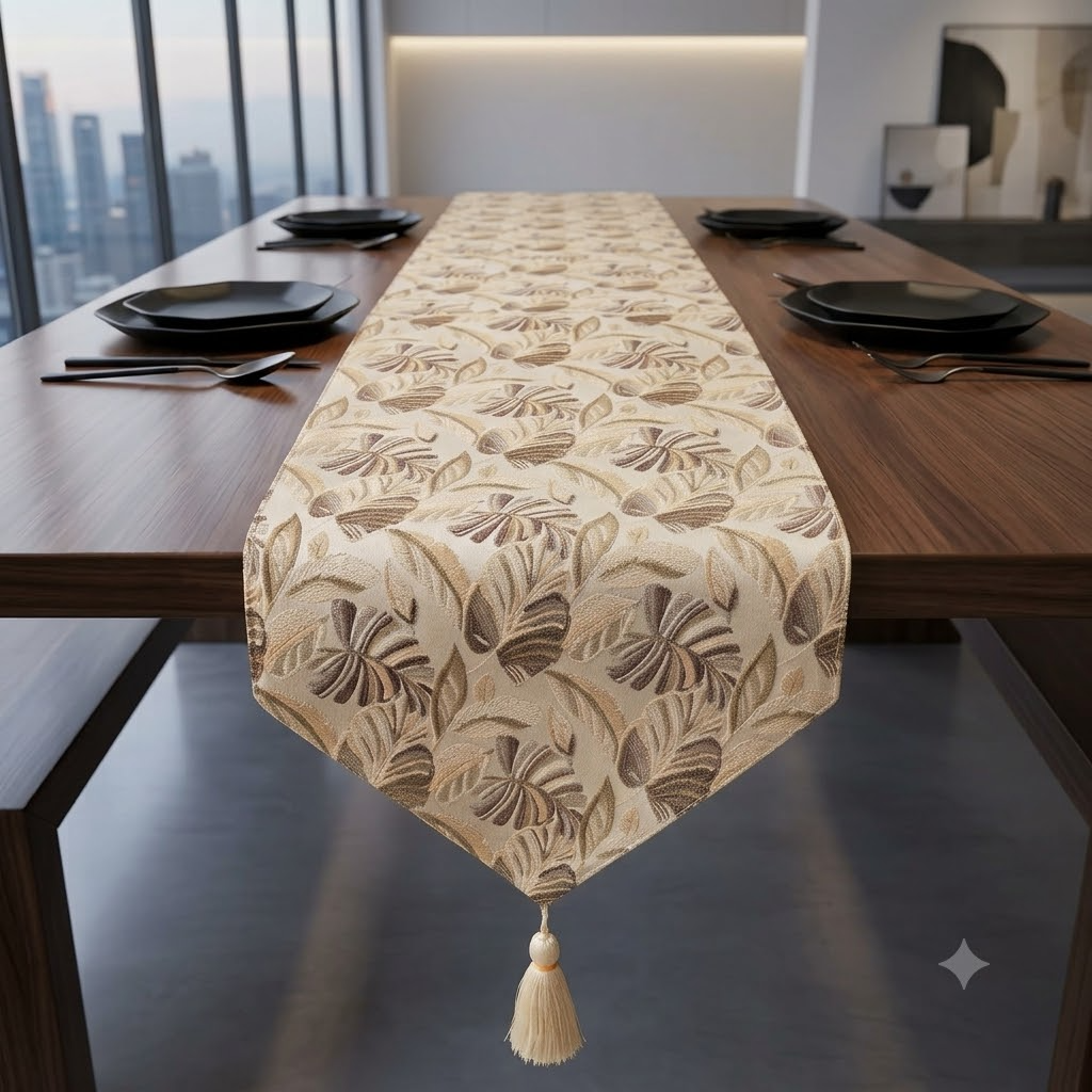 Floral Jacquard Table Runner Brown