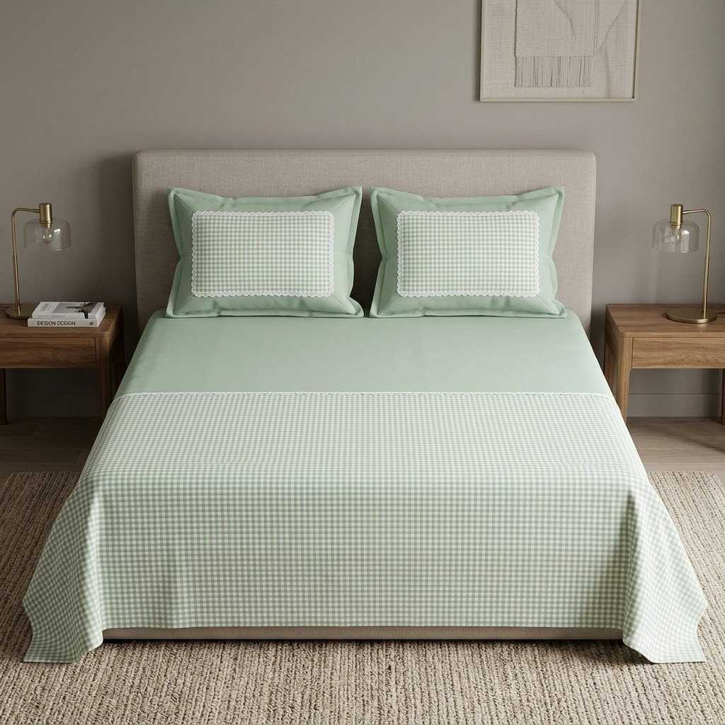 Grace & Lace Check King Size Bedsheet - Green