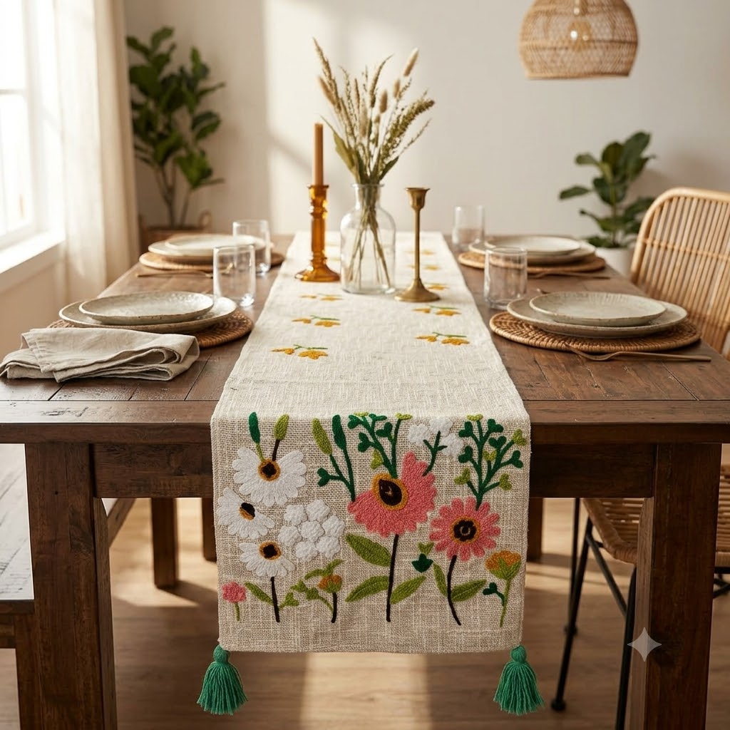 Tufted Embroidery Jute Cotton Table Runner