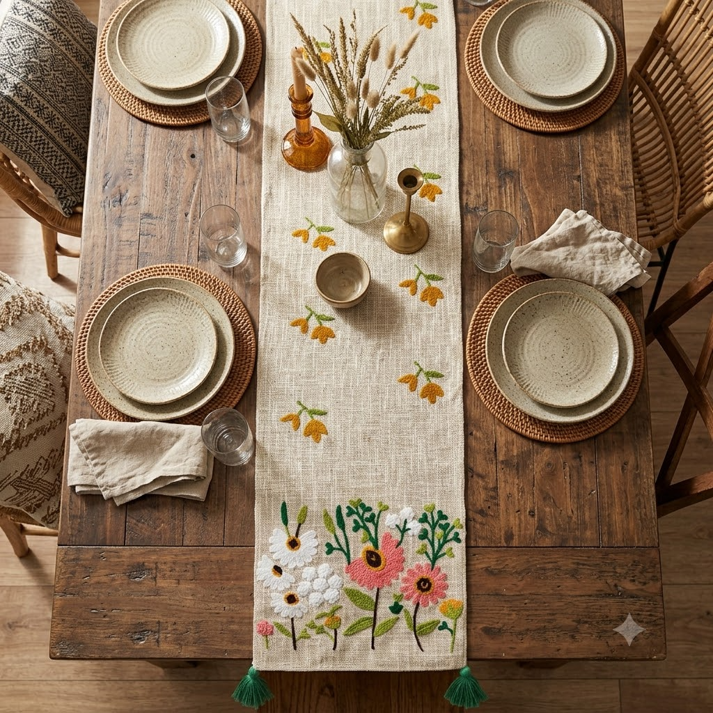 Tufted Embroidery Jute Cotton Table Runner
