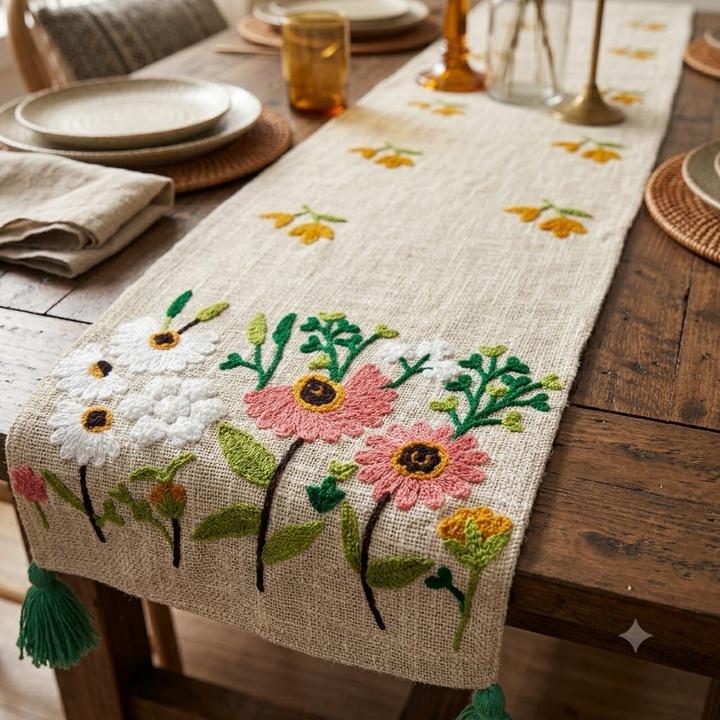 Tufted Embroidery Jute Cotton Table Runner